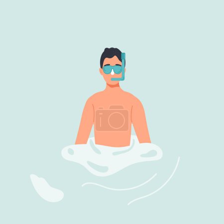 Illustration zeigt einen Mann mit Schnorchelausrüstung, der ruhig im Wasser schwebt und die Ruhe der Unterwasserforschung einfängt.