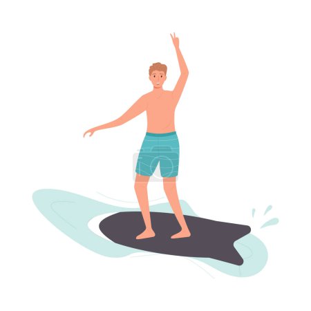 A young man with light hair surfing on a small wave, wearing blue board shorts and maintaining balance with arms outstretched.