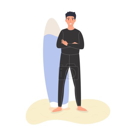 Junger Mann mit Surfbrett am Strand. Vektorillustration.
