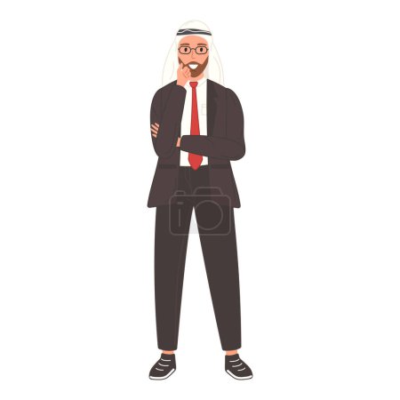 Un homme d'affaires arabe en costume et cravate se tient avec confiance, les bras croisés.