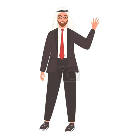 An Arab businessman dressed in a suit and tie, waving his hand in a greeting gesture.