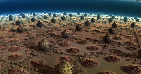Foto de La superficie de un planeta alienígena bajo un sol alienígena 3d representación - Imagen libre de derechos