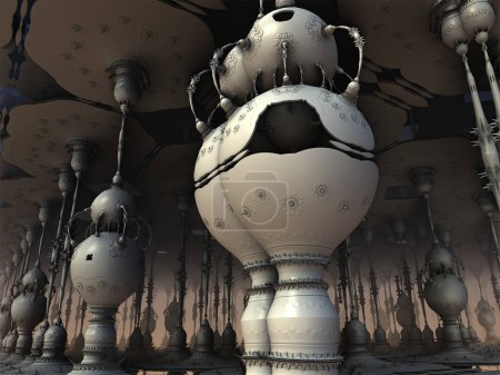 the Architecture and Technology of an alien planet under an alien sun 3d rendering