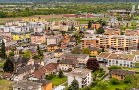 Photo for Top view of the Tenero village, in the district of Locarno, Ticino, Switzerland. Architectural background. - Royalty Free Image
