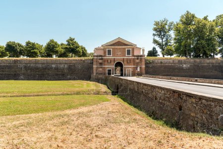 View of the medieval surrounding wall of Lucca with the San Donato Gate or Porta San Donato, Tuscany, Italy.