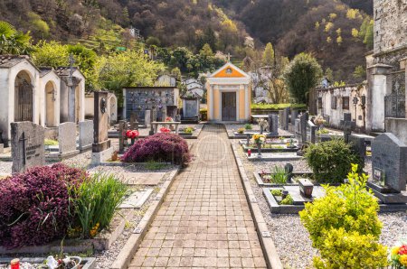 Téléchargez les photos : Sant Abbondio, Gambarogno, Suisse - 9 avril 2024 : Vue du cimetière Saint Abbondio, Ranzo, Gambarogno dans le canton du Tessin. - en image libre de droit