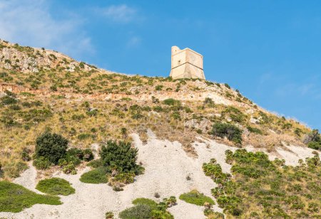 Watchtower at the Faraglioni of Scopello in Zingaro nature reserve (Riserva dello Zingaro) in the Mediterranean sea in the province of Trapani, Sicil
