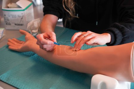 Photo for Students train on an arterial arm allowing arterial and venous puncture for blood sampling. The arm allows work on the Cephalic, basilic, radial and cubital veins as well as the radial and brachial arteries for infusion and blood sampling. - Royalty Free Image