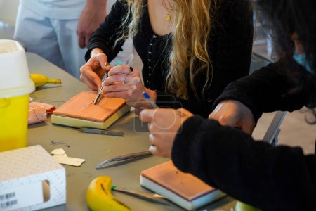 Photo for 5th year students during a sewing workshop. The students learn the gestures of suturing on false epidermis or bananas. - Royalty Free Image