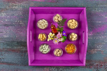 Suplementos dietéticos: cápsulas, pastillas, ampollas y hierbas medicinales en una bandeja rosa - ver arriba.