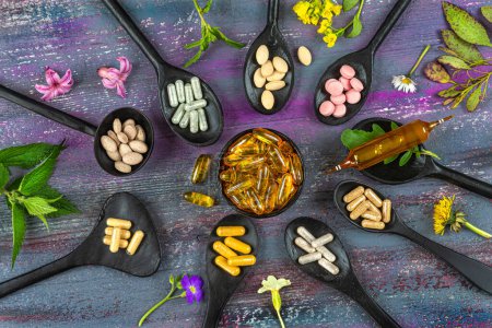 Capsules, pills and ampoule of dietary supplements surrounded by medicinal plants arranged in an oval top view.