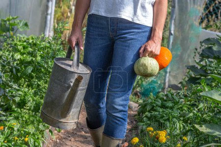 Photo for Horizontal close-up below the waist of a watering can carried by a woman walking through a greenhouse - Royalty Free Image