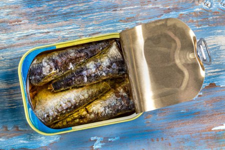 Can of sardines close-up on a blue stained background.