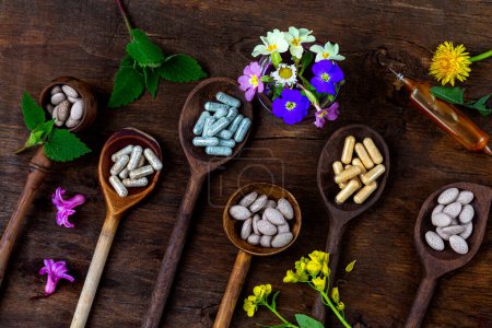 Naturmedizin-Kapseln, Pillen, Ampullen und Heilpflanzen von oben gesehen, in Holzlöffeln.