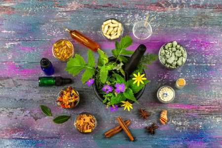 Foto de Complementos alimenticios, aceites esenciales, acupuntura, homeopatía alrededor de un mortero lleno de plantas. - Imagen libre de derechos