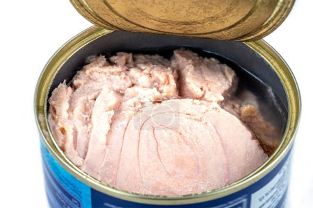 Photo for Open tuna can close up top view on white background. - Royalty Free Image