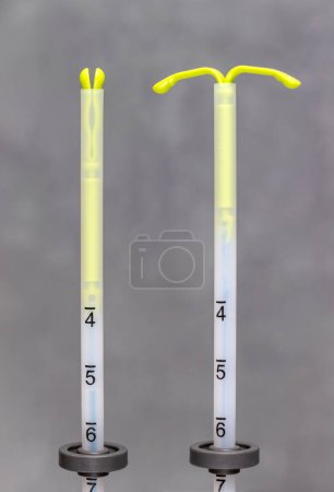 Photo for The IUD in the retracted and deployed position, top view, gray background. - Royalty Free Image