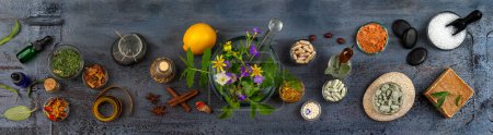 Panoramic of various alternative medicines viewed from above on a rustic gray background.