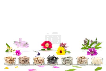 Téléchargez les photos : Compléments alimentaires à base d'ingrédients actifs provenant de plantes médicinales isolées sur fond blanc - en image libre de droit