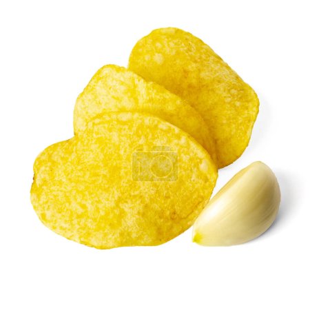 Photo for Potato chips and garlic isolated on white background. - Royalty Free Image