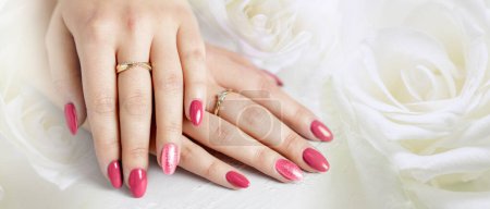 Photo for Beautiful female hands with fresh Viva Magenta trendy color manicure lying on a white rose flowers backdrop. Wedding or spa or celebration soft background with copy space. - Royalty Free Image
