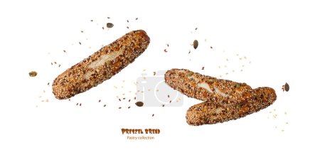 Foto de Pan Pretzel con sésamo, lino y semillas de calabaza. Baguette de lejía, bollos de desayuno. Set de pastelería aislado sobre fondo blanco - Imagen libre de derechos