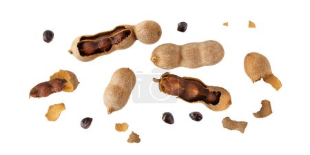 Ripe whole and sopen shelled tamarind fruits with seeds flying isolated on white background. Healthy exotic food.