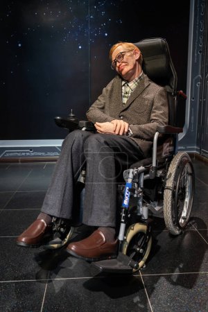 Photo for Shah Alam, Malaysia - April 17,2023 : Stephen Hawking's wax figure displayed at Red Carpet 2 in I-City Shah Alam. - Royalty Free Image