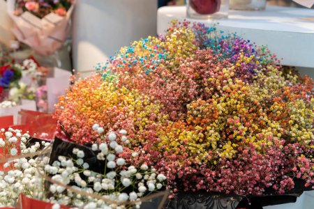 Beautiful showcase of flower shop with Gypsophila paniculata (also known as Baby's Breath)