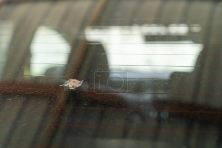 Bird poop dropping on the rear windshield of a blue car.