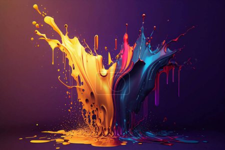 Abstract colorful gradient fluid splash of ink 3d illustration. Bright dynamic liquid on purple background