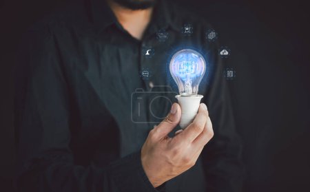 Photo for Businessman touching the brain working of Artificial Intelligence (AI) Automation, Predictive analytics - Royalty Free Image