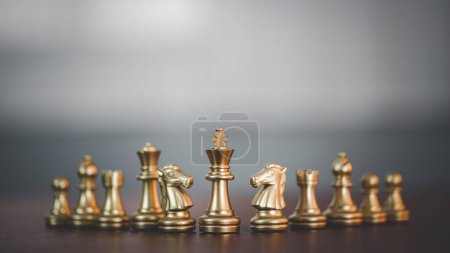 Photo for Business strategy brainstorm chess board game with blurred grey background with free copy space for your text - Royalty Free Image