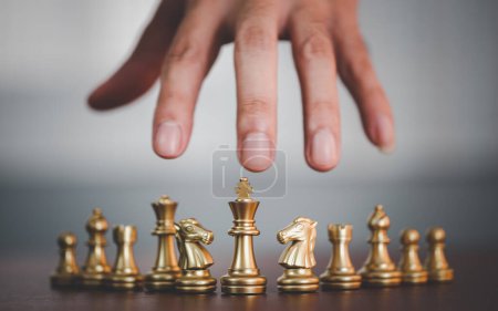 Photo for Business strategy brainstorm chess board game with hand touch grey background with free copy space for your text - Royalty Free Image