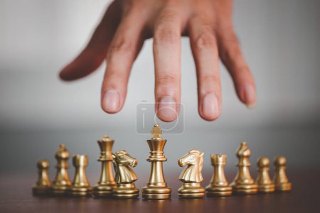 Photo for Business strategy brainstorm chess board game with hand touch grey background with free copy space for your text - Royalty Free Image