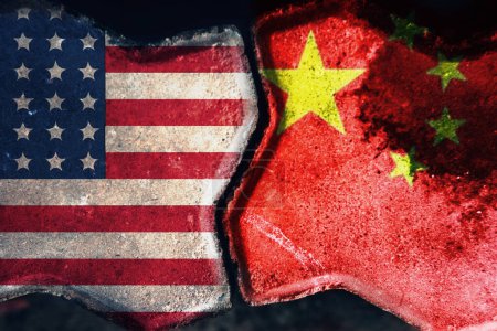 Photo for CHINA vs US background concept, Flags of USA or United States of America and China on old cracked concrete background - Royalty Free Image