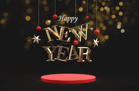 Foto de Feliz Año Nuevo letras, bolas colgantes y estrellas sobre fondo negro. Tarjeta de felicitación plantilla de diseño. - Imagen libre de derechos
