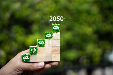 Foto de Reducción de CO2 y 2050 años en cubo de bloque de madera para disminuir el CO2. Bloques de madera en mano - Imagen libre de derechos