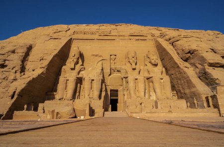 The incredible Abu Simbel Temple rebuilt on the mountain in southern Egypt in Nubia next to Lake Nasser. Temple of Pharaoh Ramses II, travel lifestyle
