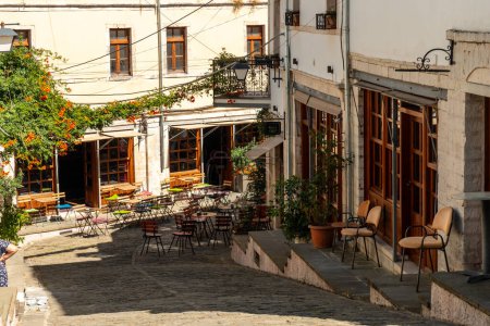 Photo for Restaurant area in the city of Gjirokaster or Gjirokastra. Albanian - Royalty Free Image