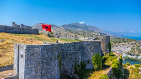 Aerial drone view of the walls of Rozafa Castle in the city Shkoder. Albania