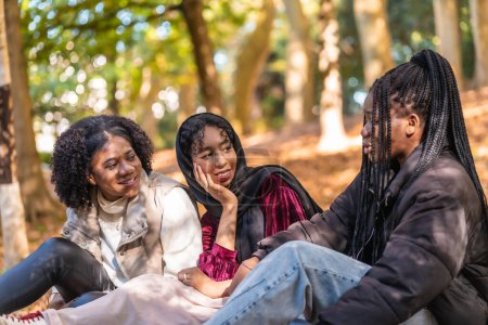 Photo for Group of three multicultural friends sitting relaxed on a park - Royalty Free Image