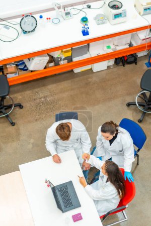 Photo for Vertical photo with top view of a team of biologist working with samples using laptop - Royalty Free Image
