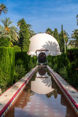 Centro de visitantes y fuente en el parque de palmeras de la ciudad de Elche. España