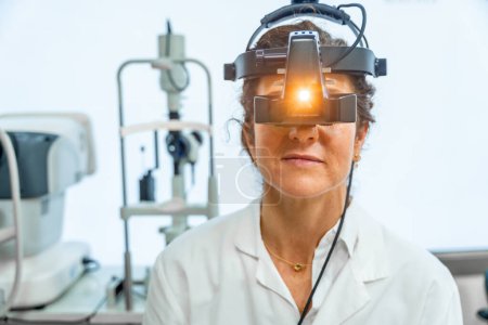 Foto de Vista frontal retrato de oftalmóloga femenina usando la luz de una antorcha de cabeza de un retinoscopio - Imagen libre de derechos
