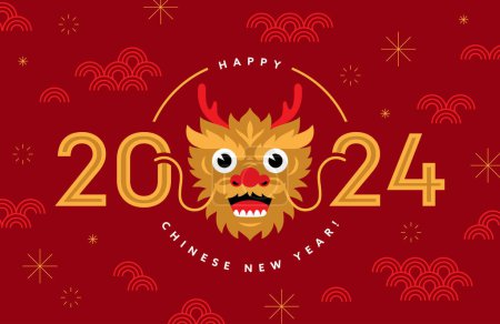 Foto de Banner de Año Nuevo chino o diseño de tarjeta de felicitación con números 2024 e ilustración linda cabeza de dragón en estilo plano. Asiático festivo fondo. - Imagen libre de derechos