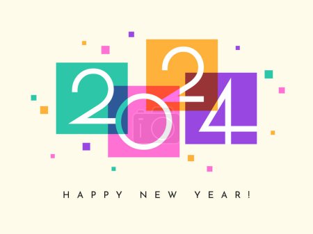 Foto de Feliz Año Nuevo 2024 banner horizontal, calendario o plantilla de diseño de tarjeta de felicitación. Fondo colorido con formas cuadradas y números geométricos. - Imagen libre de derechos