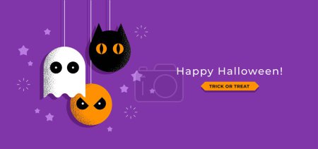 Foto de Tarjeta de felicitación de Halloween o diseño de banner con calabaza linda, fantasma y símbolos de cabeza de gato. - Imagen libre de derechos