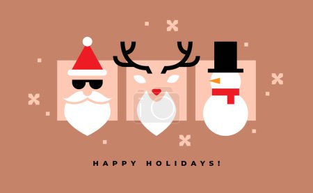 Foto de Tarjeta de felicitación navideña o diseño de banner con iconos de Santa, ciervos y muñeco de nieve. - Imagen libre de derechos