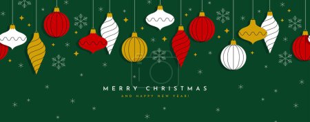 Foto de Banner de Navidad o tarjeta de felicitación con adornos decorativos y copos de nieve sobre fondo verde oscuro. - Imagen libre de derechos